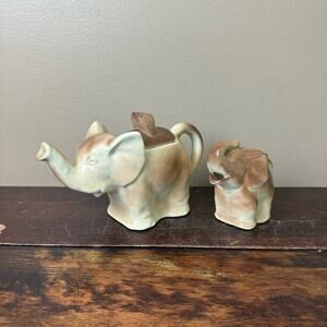 Vintage Ceramic Brown Tan Elephant Teapot and Creamer‎